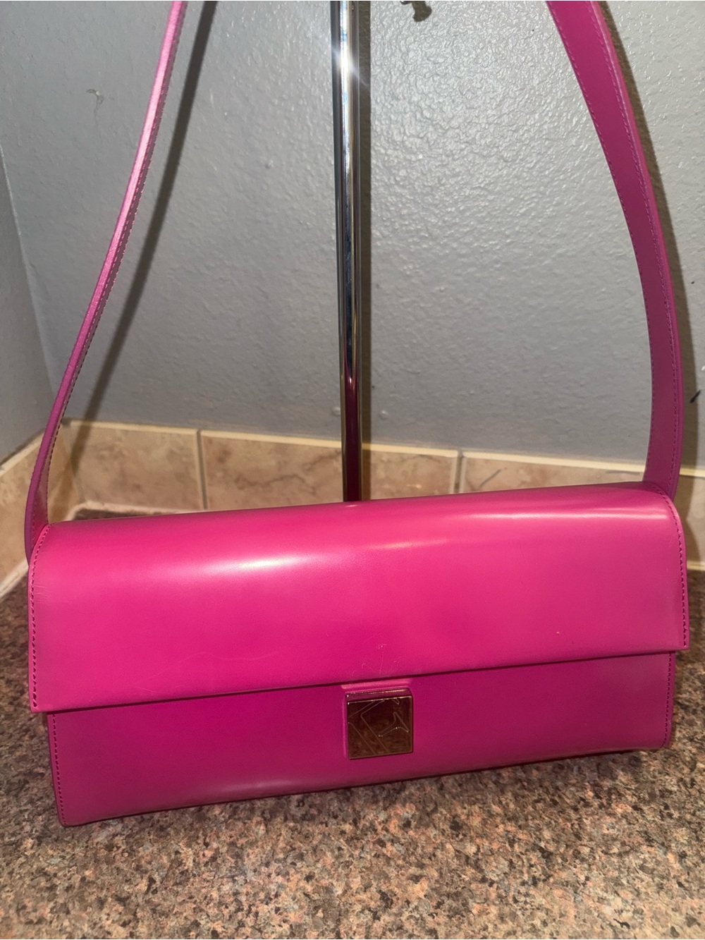 Furla Hot Barbie Pink Leather Shoulder Bag with Gold-Tone slide closure